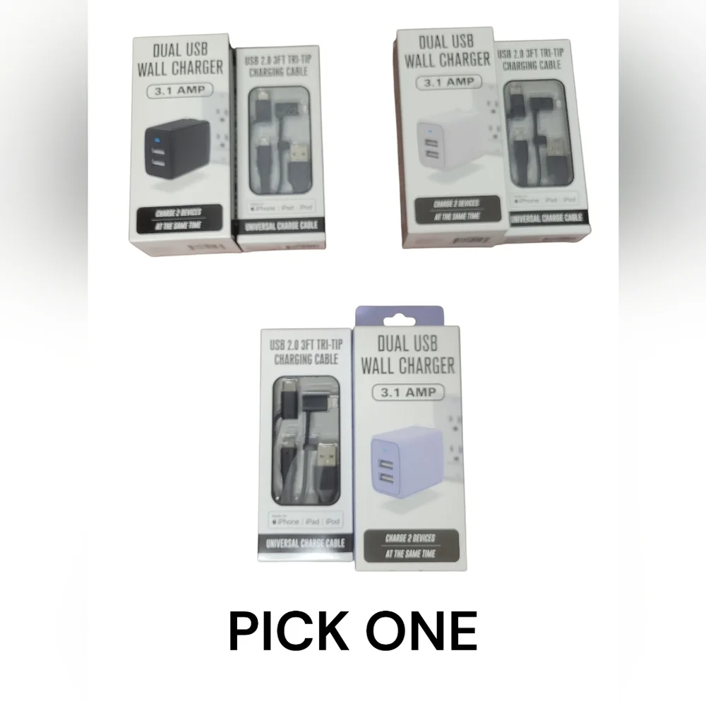 Dual USB Wall Charger & Usb 2.0 3 Ft Tri-tip Charging Cable NIB